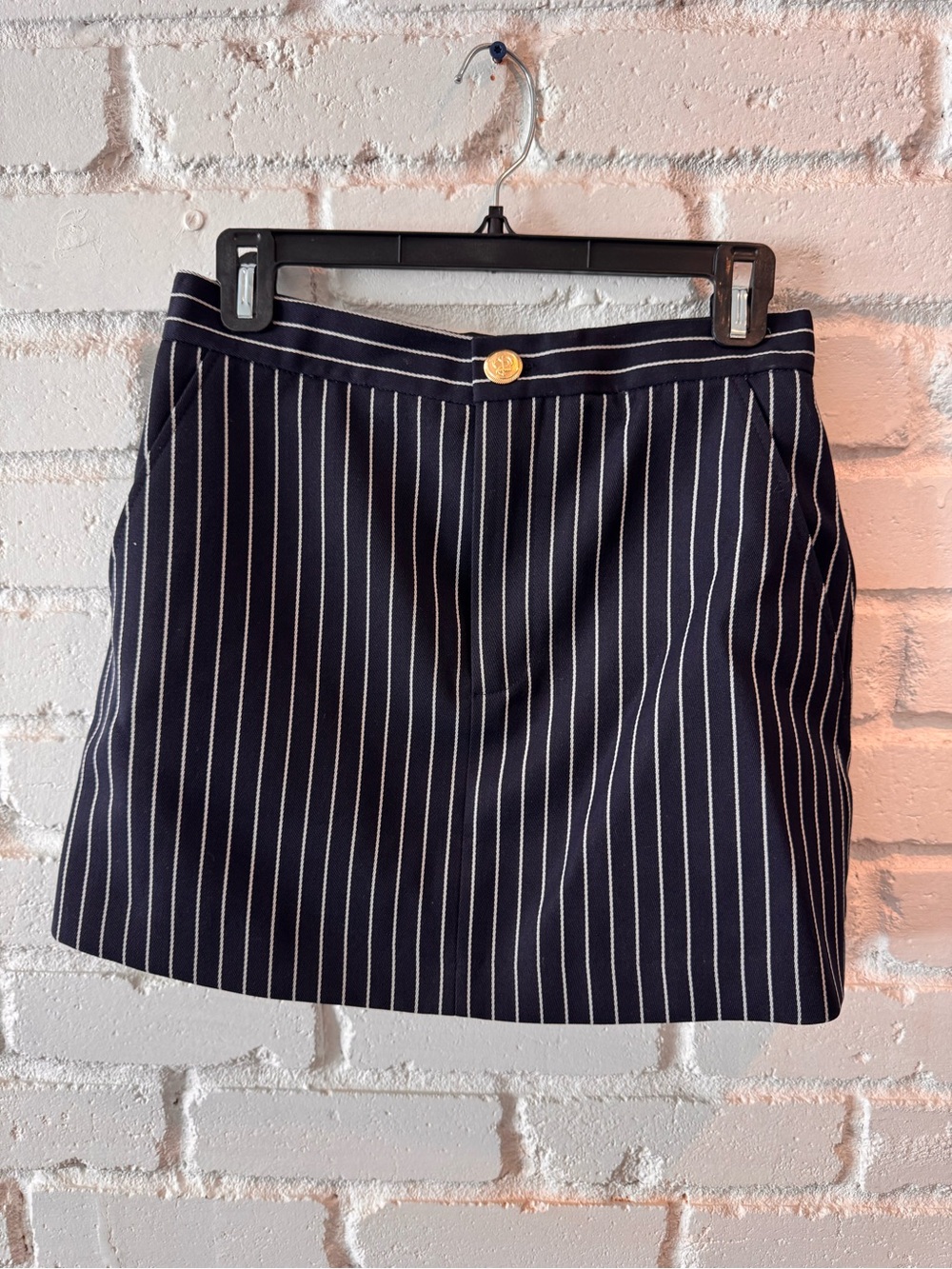 Frame Denim Navy Pinstripe Mini Skirt with Gold Button Accent